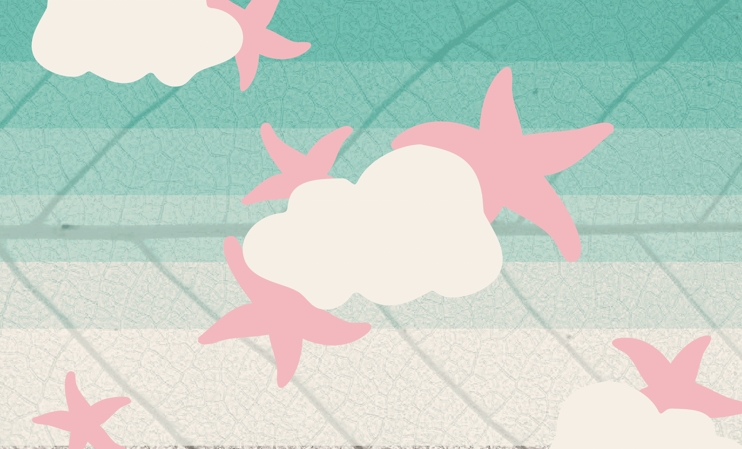 Ilustración con fondo en tonos turquesa y blanco con textura de hoja. Sobre el diseño aparecen nubes beige y varias estrellas de mar rosadas distribuidas de manera decorativa.