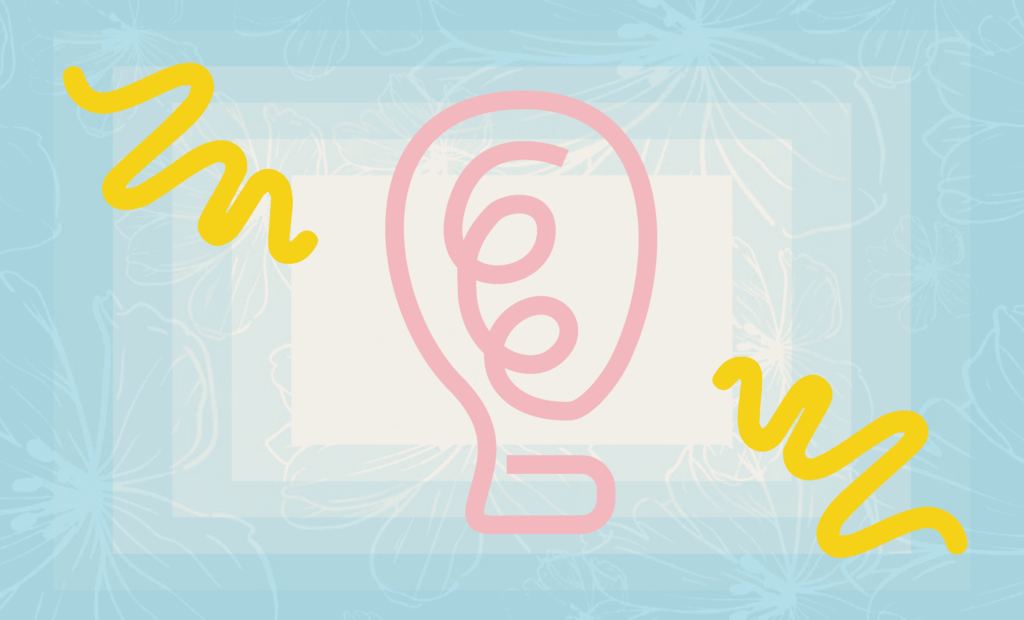 Ilustración colorida con un ícono de bombilla rosa de trazo curvo sobre un fondo celeste con flores suaves y dos líneas onduladas amarillas a los costados.